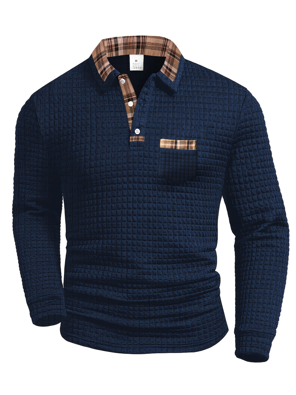 Heren warme Casual Poloshirt met lange mouwen – Wafelstructuur met Geruite Kraag.