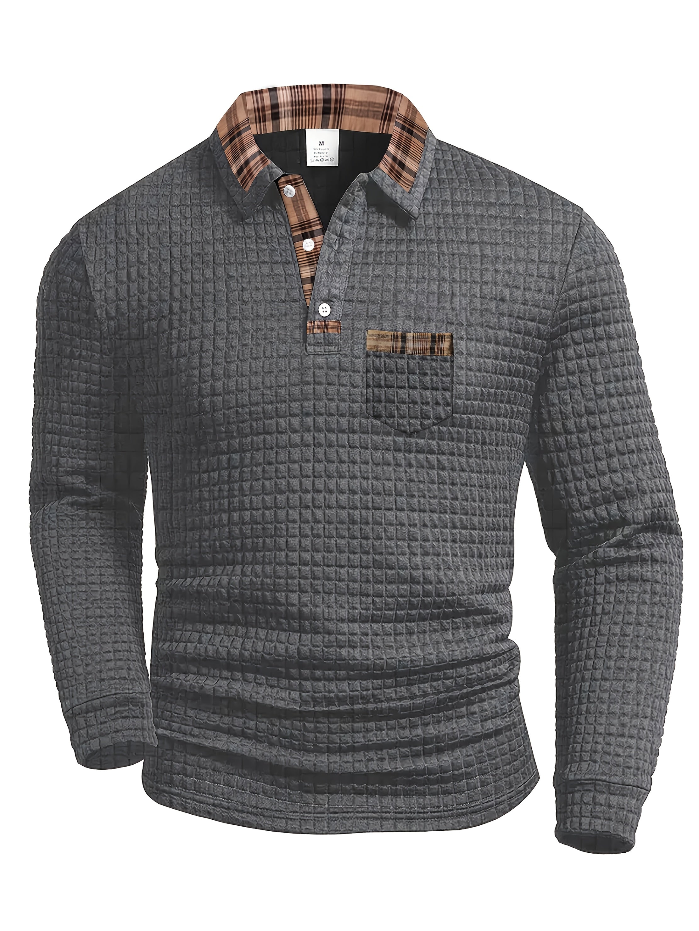 Heren warme Casual Poloshirt met lange mouwen – Wafelstructuur met Geruite Kraag.