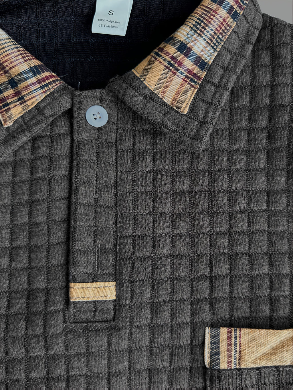 Heren warme Casual Poloshirt met lange mouwen – Wafelstructuur met Geruite Kraag.