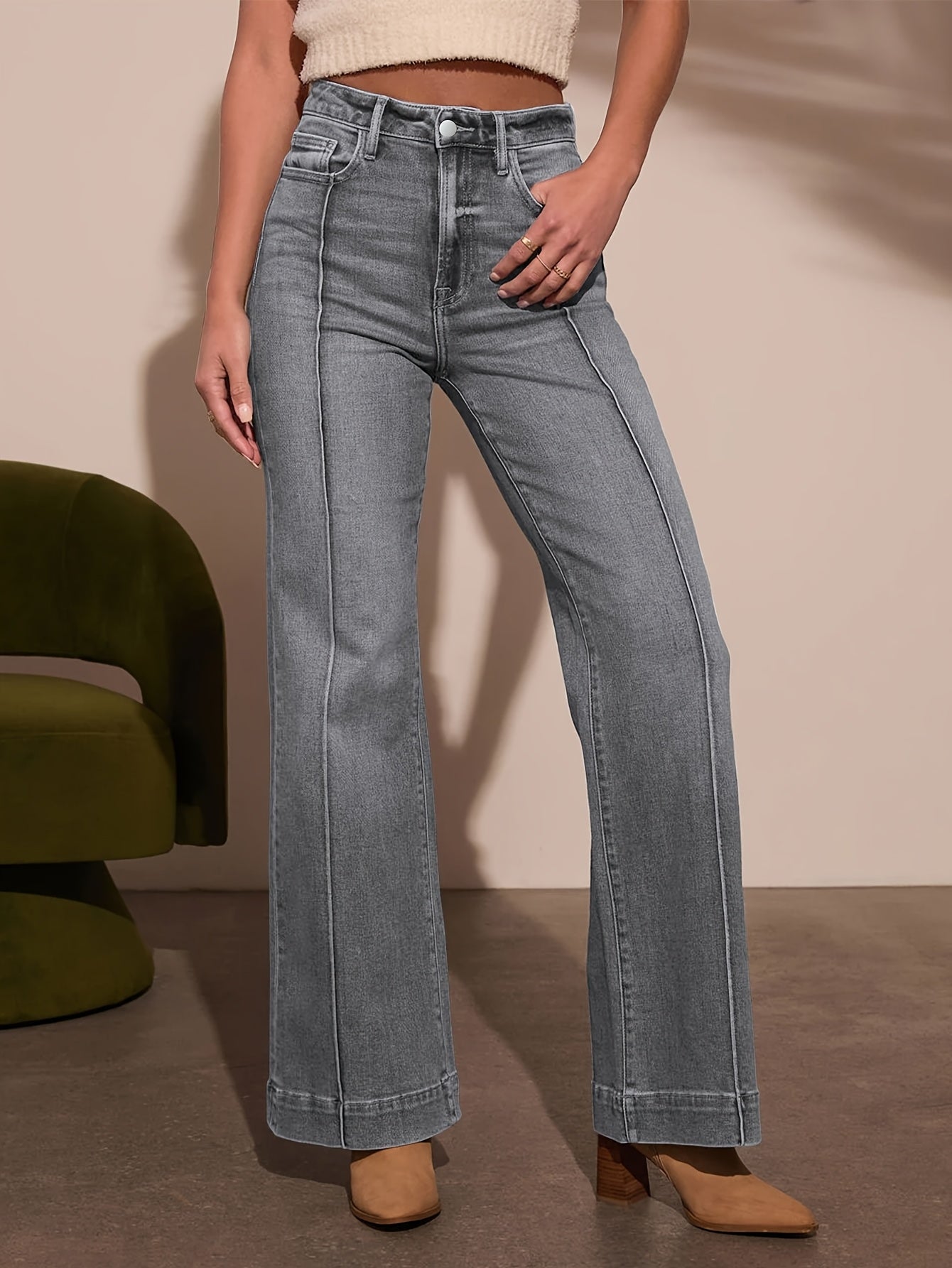 Retro Uitlopende Jeans met Hoge Taille voor Vrouwen – Slim Fit Bootcut.