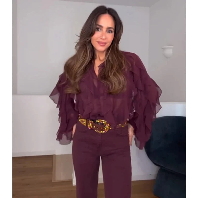 MUJER 2025 Damesblouse – Ruffle Semi-Sheer Fairy Style.