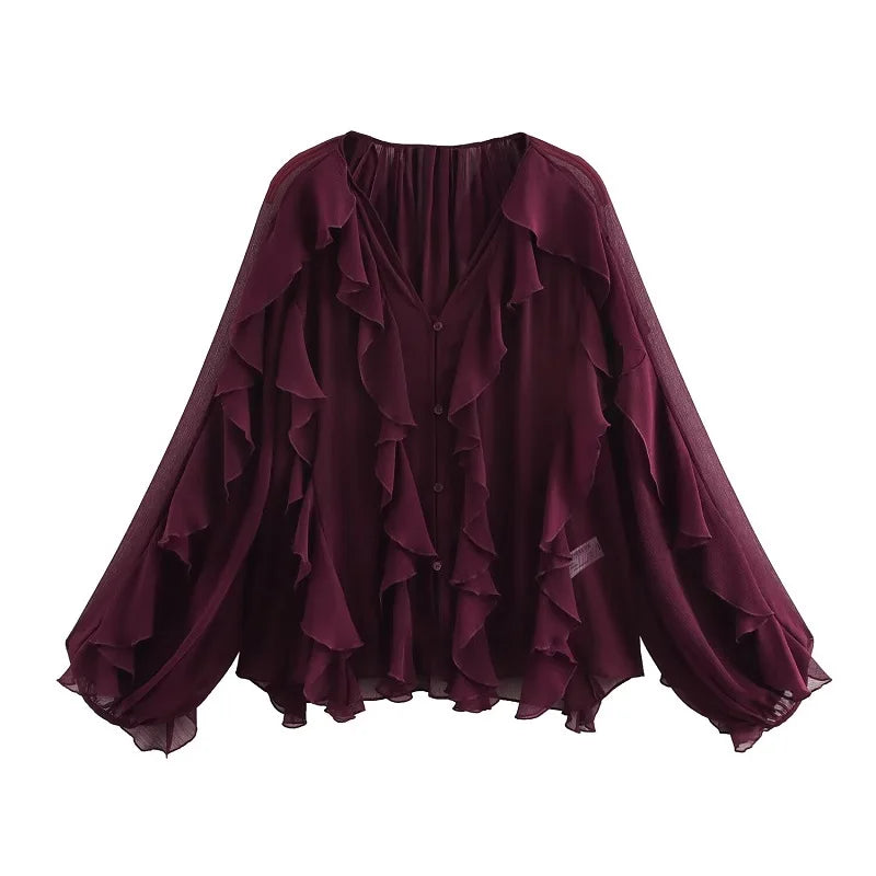 MUJER 2025 Damesblouse – Ruffle Semi-Sheer Fairy Style.