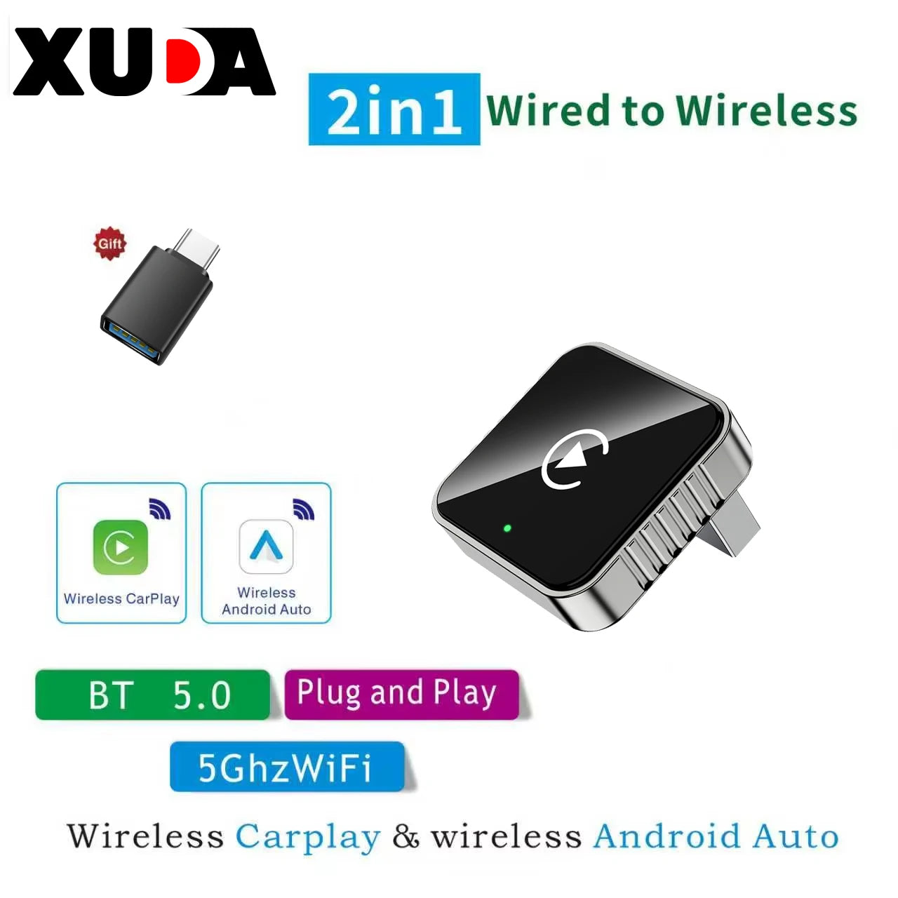 XUDA 2-in-1 Wired to Wireless CarPlay & Android Auto Adapter – Slimme USB Dongle