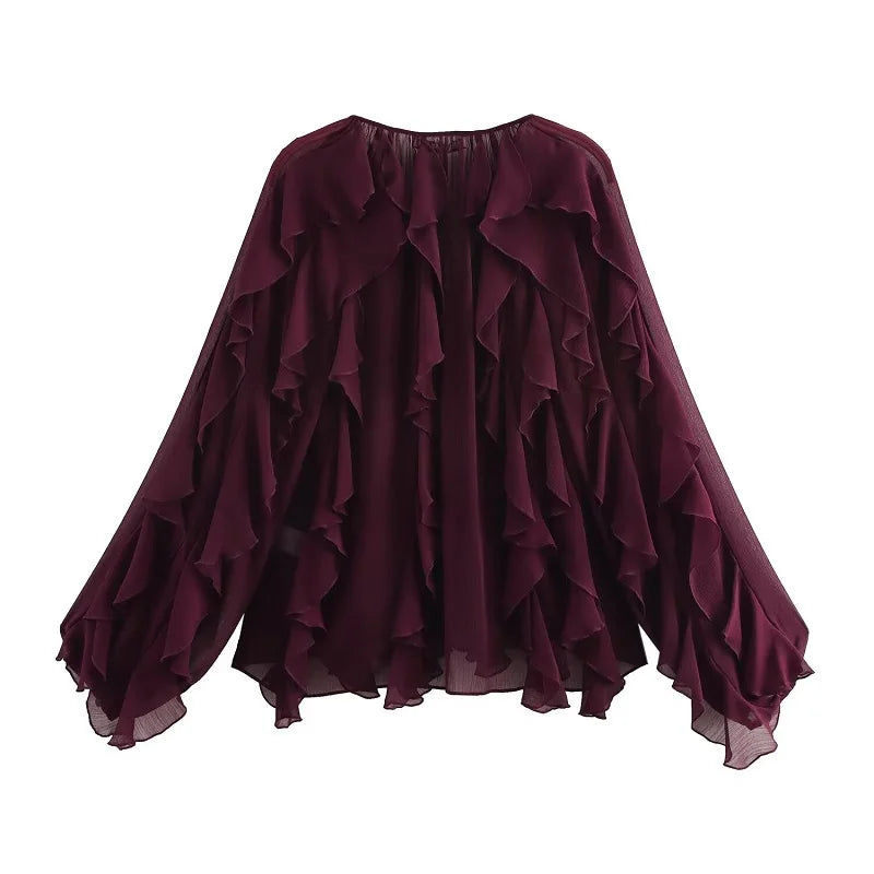 MUJER 2025 Damesblouse – Ruffle Semi-Sheer Fairy Style.