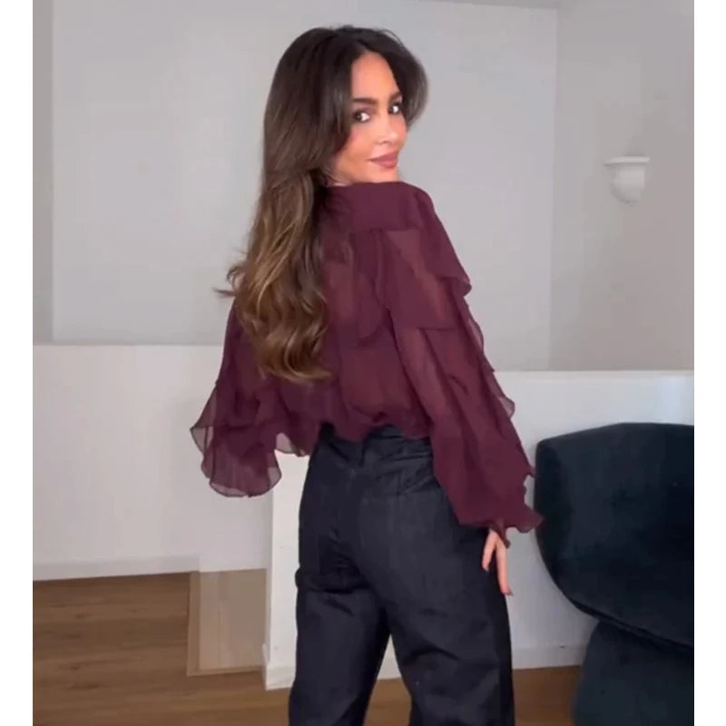 MUJER 2025 Damesblouse – Ruffle Semi-Sheer Fairy Style.