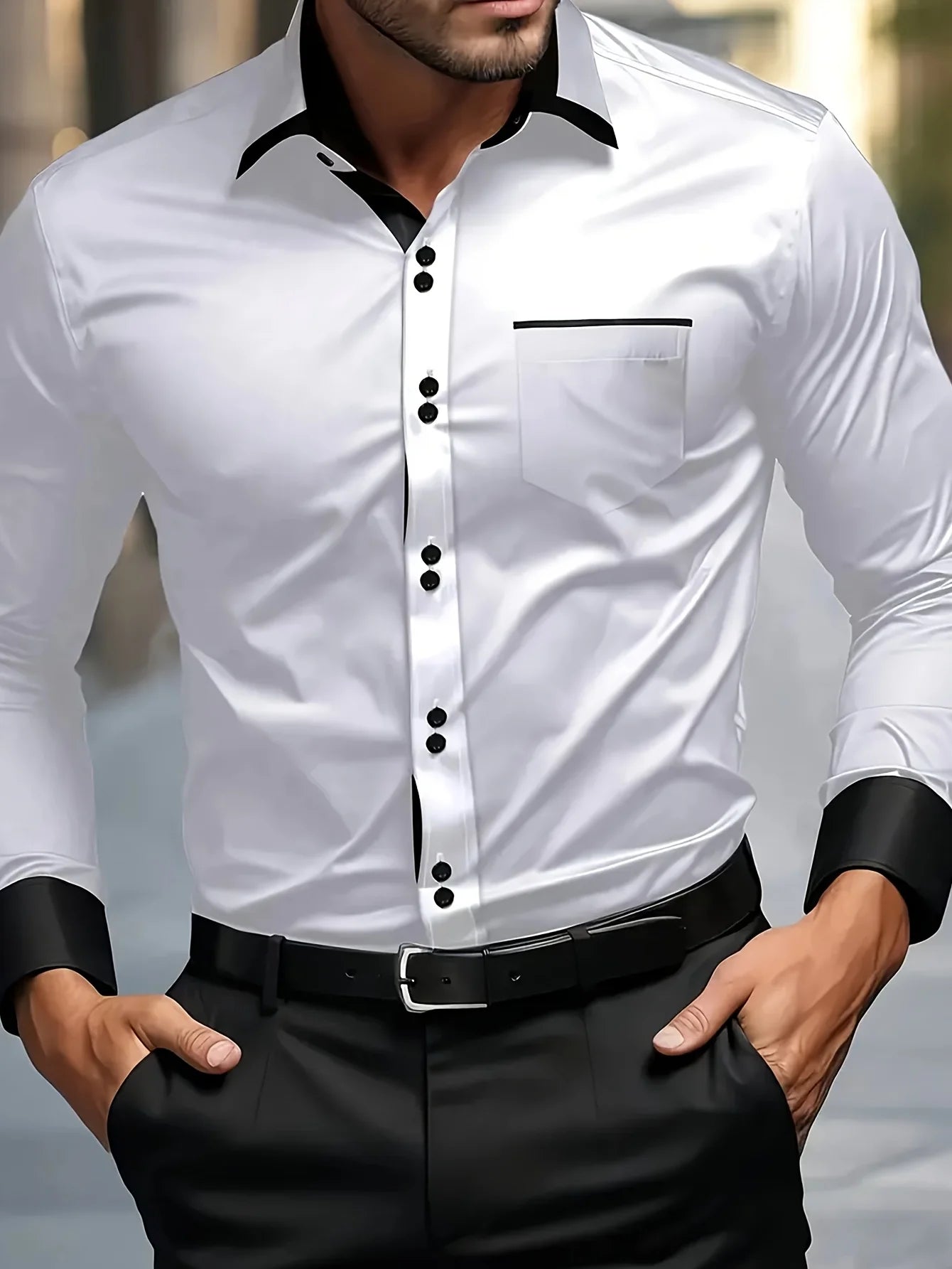 FGKKS Heren Overhemd – Witte Patchwork Long Sleeve, Elastisch, Casual Fashion Shirt.