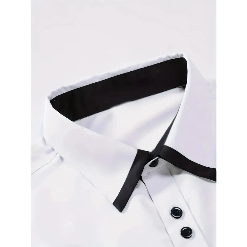 FGKKS Heren Overhemd – Witte Patchwork Long Sleeve, Elastisch, Casual Fashion Shirt.