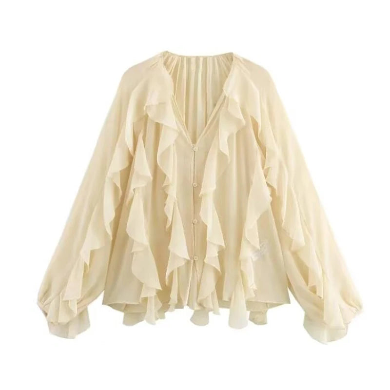 MUJER 2025 Damesblouse – Ruffle Semi-Sheer Fairy Style.