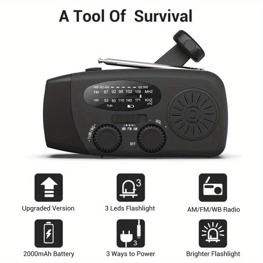 Noodhandcrankradio met LED-zaklamp – AM/FM NOAA, USB & Zonne-energie.