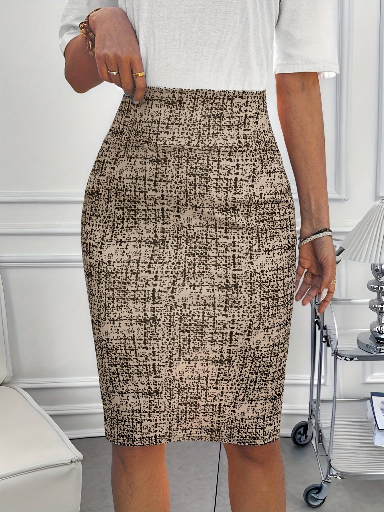 Vrouwen Elegante Afgestoken Midi Rok - Houndstooth Print in Beige/Zwart/Wit, Casualrok voor Lente Zomer Herfst.