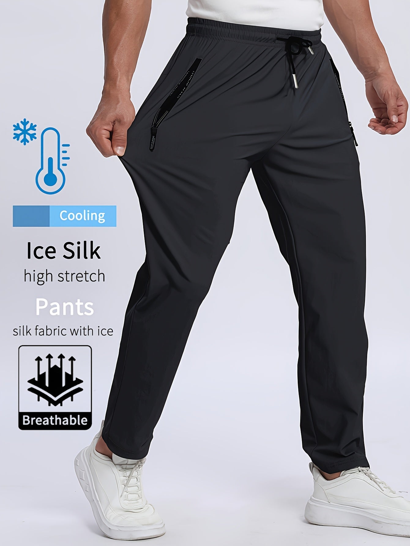 Heren Hoge-Rekbare Atletische Broek – Zijdeachtige Vezel met Rits zakken.